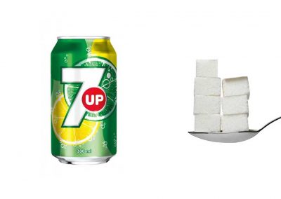 Une canette de 33 cl de 7up contient 34,3 g de sucre, soit 6,9 morceaux