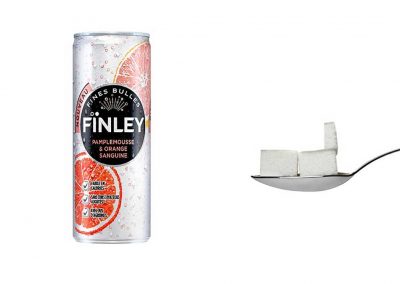 Une bouteille de 25 cl de Finley pamplemousse et orange sanguine contient 12 g de sucre, soit 2,4 morceaux