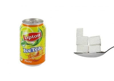 Une canette de 33 cl d'Ice Tea à la pêche contient 23 g de sucre, soit 4,6 morceaux.