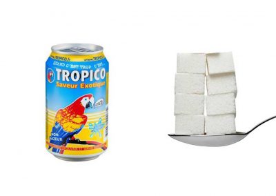 Une canette de 33 cl de Tropico saveur exotique contient 39,6 g de sucre, soit 7,9 morceaux.