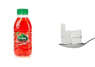 Une bouteille de 33 cl de Volvic Juicy Fraise contient 21,8 g de sucre, soit 4,4 morceaux